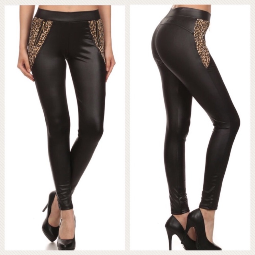 Faux Leather w/Leopard Detail Leggings - Picture 2 of 4